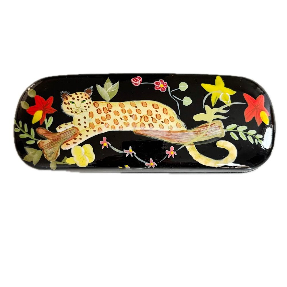 A.J. Morgan Hand Painted Eyeglass Case Leather Clamshell Leopard Tropical Design